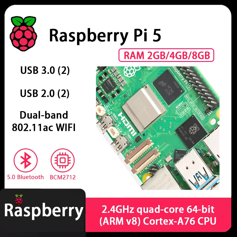 Raspberry Pi 5 Cortex-A76 Linux 2GB 4GB 8GB Arm Board Python programlama PCIe Gigabit Ethernet USB3.0