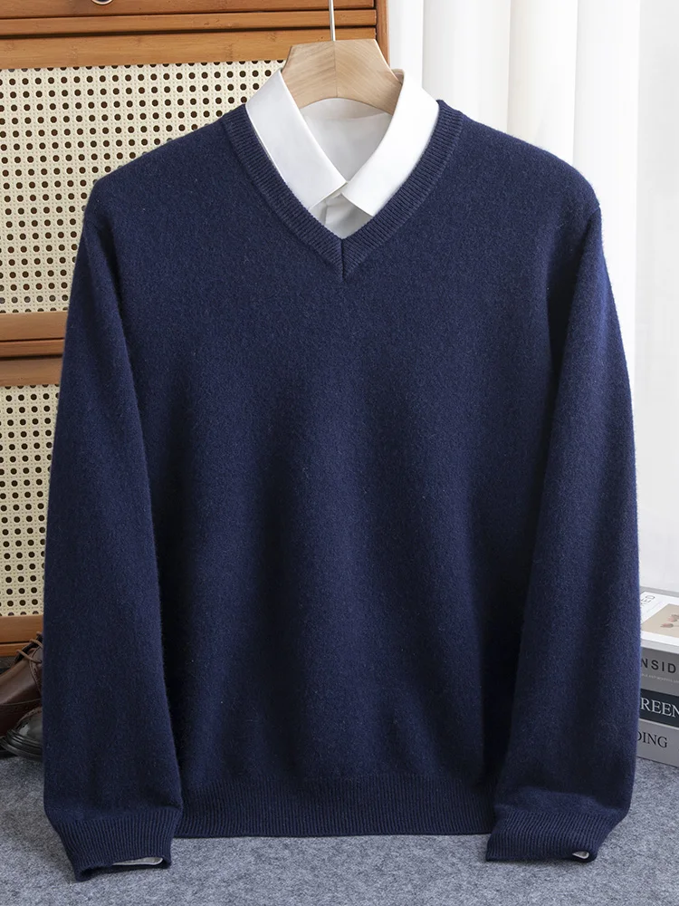 2024 Autumn Winter Men V-neck Wool Sweater Long Sleeve Pullover 100% Merino Wool Knitwear Smart Casual Basic Cashmere Clothing 5