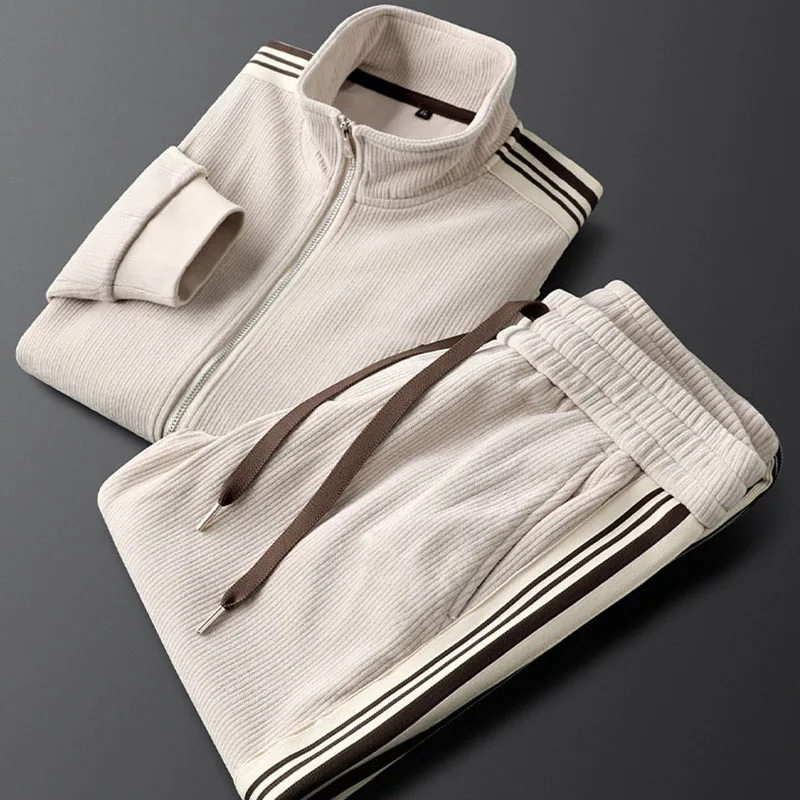 

Warm mountain velvet side stripe embroidery casual sports set men's autumn winter men's coat sweatpants trend