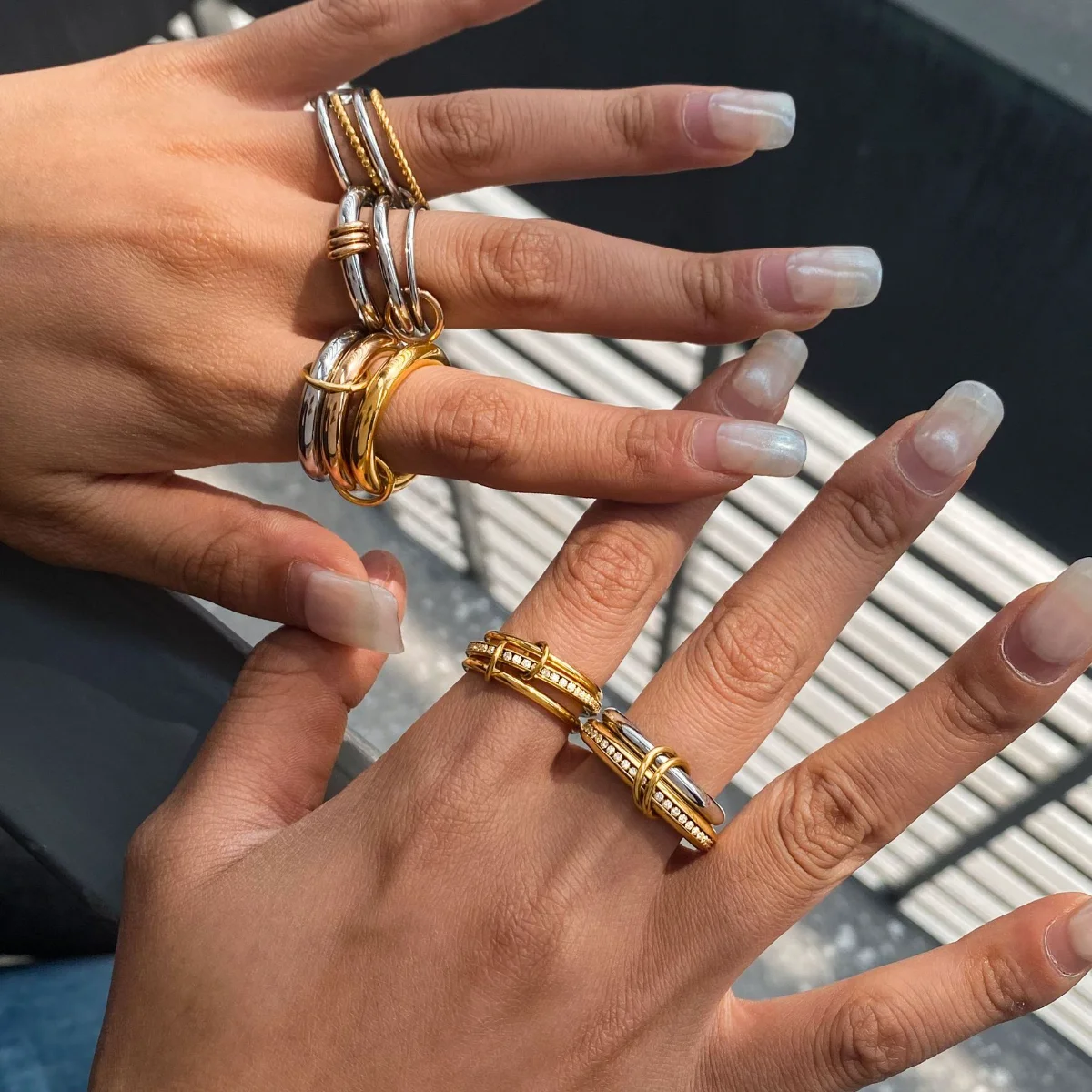 Punk Gold&silver Mix Color Stackable Rings Non Tarnish 18k Gold Plated Multi -link Connected CZ Zircon Ring Set Dainty Jewelry