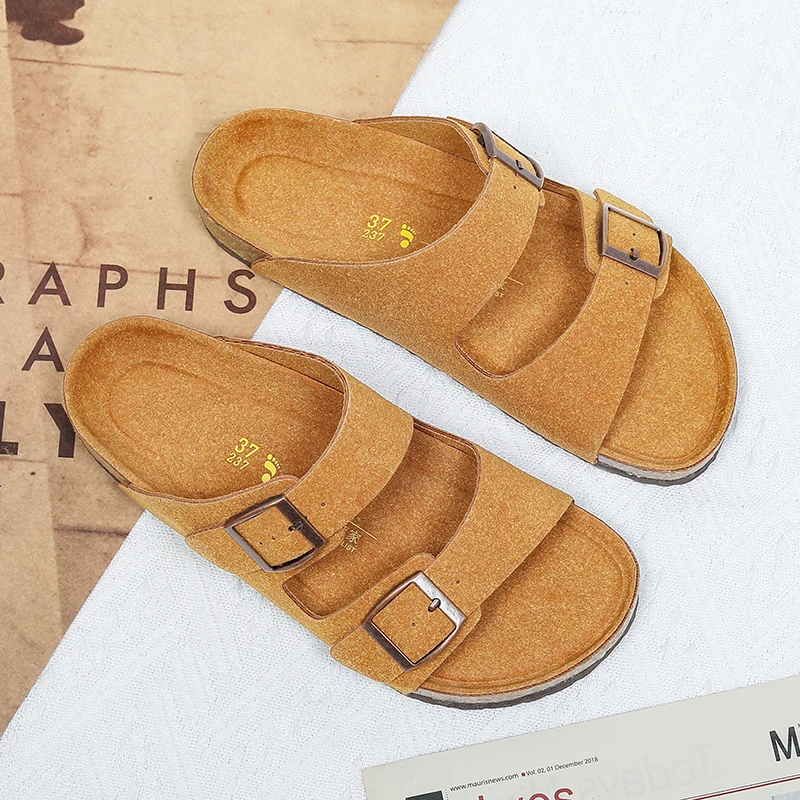 Comfort Beach Vacation Men's Cork Slippers Summer Casual Double Buckle Home Non-slip Slides Slip on Flip Flop Unisex Style Shoes
