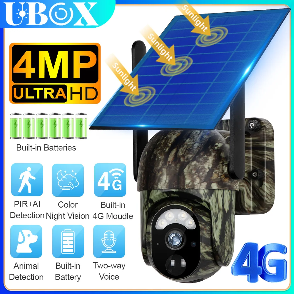 Ubox 4G Solar Camera Outdoor Cellular Trail Camera 4G LTE with Solar Panel 2K Night Vision Human/Animal Detection Security Cam