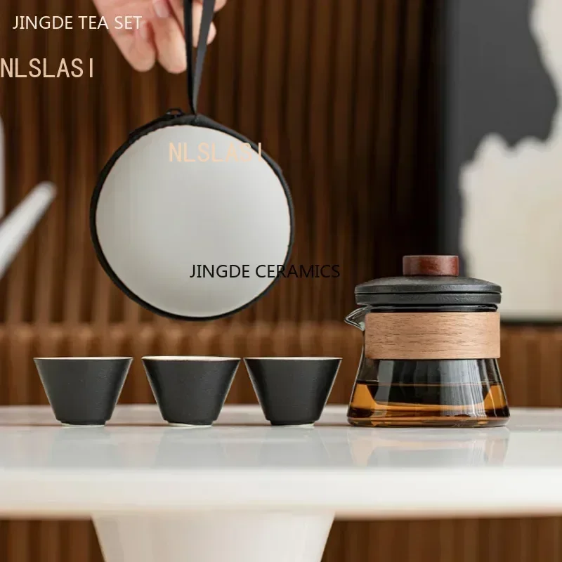 Exquisite Ceramic Outdoor Travel Tea Set One Pot Three Cups Storage Bag Set Portable Tea Pot and Cup Set Zen Tea Infuser