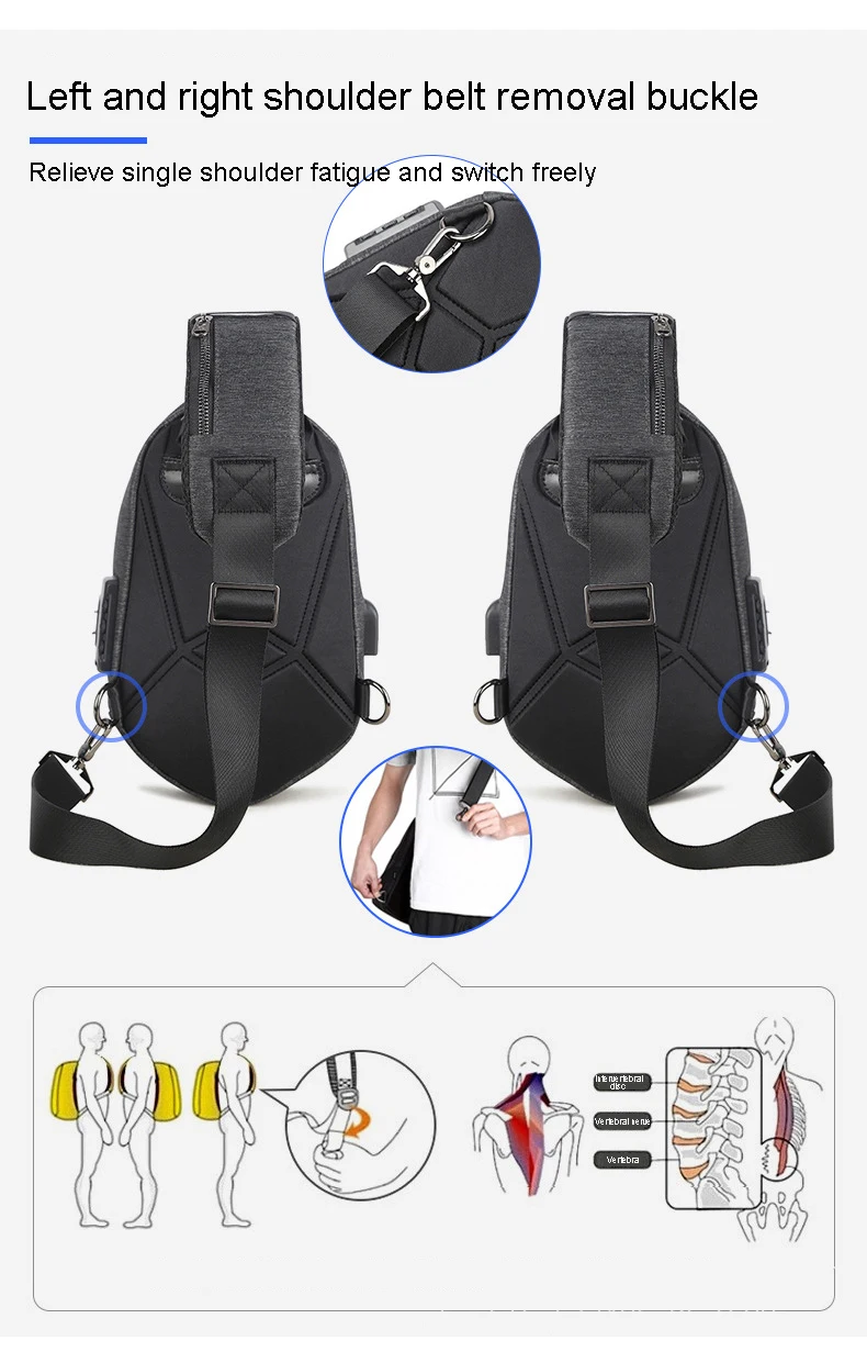 Sac de poitrine de course pour hommes, sac à dos de cyclisme à moteur, sac à bandoulière unisexe, chargement USB, streetwear à la mode, sac à dos pour étudiants