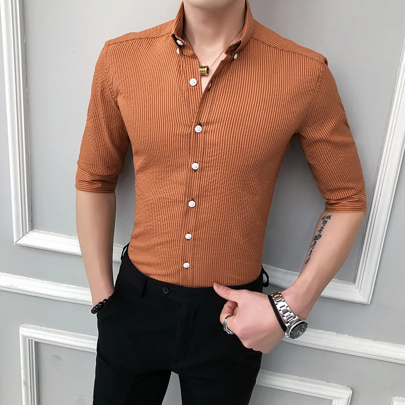 2020 Summer Striped Shirt Men Casual Slim Fit Half Sleeve Dress Shirts