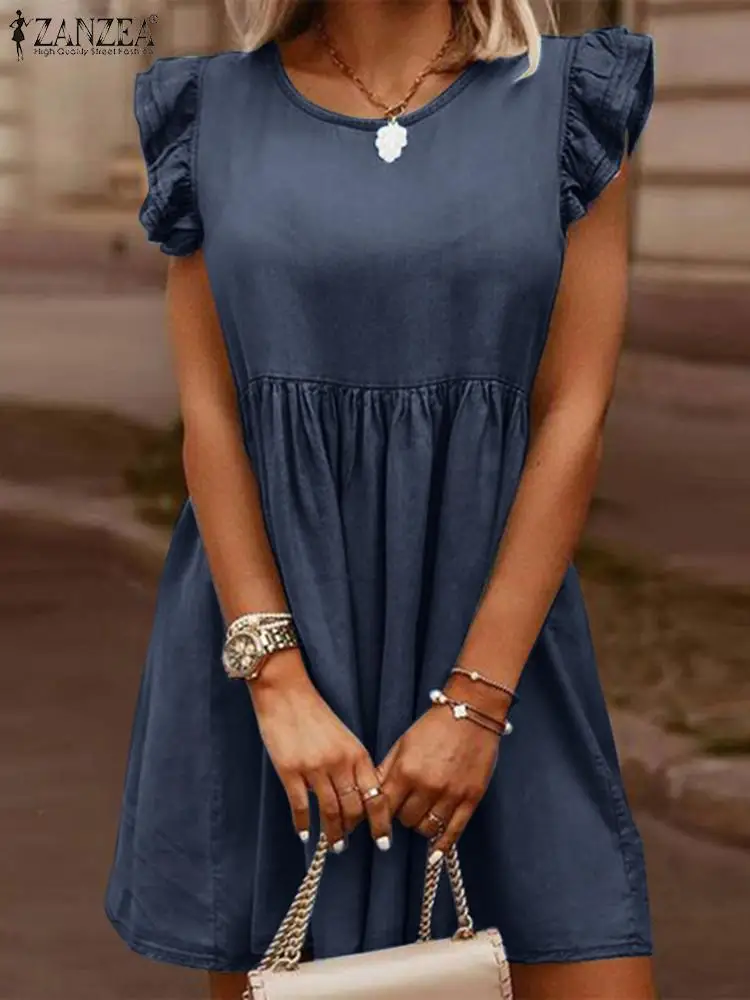 

ZANZEA Summer Women Stylish O Neck Sleeveless Ruffles Dress Denim Blue Knee-length Sundress Casual Work Party Vestido Kaftan