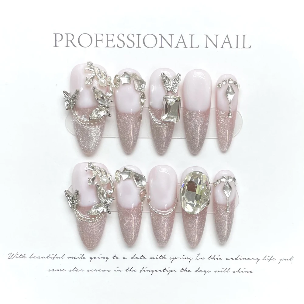 10 Pcs Pink Fake Nails Butterfly Diamond Decor Luxury Sparkling Almond Cat Eye Handmade Press On Nails French Tip Full Cover