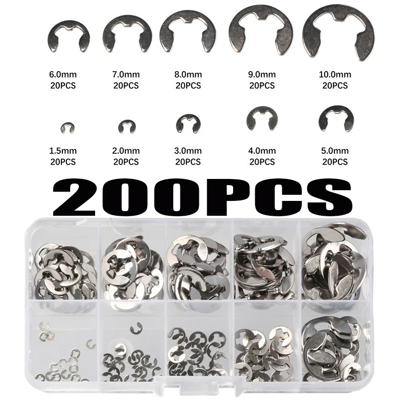 Werkstatt Zubehör 200 Stück E-Clip Set Edelstahl 304 - Sicherungsringe M1.5 Bis M10 Sortiment Edelstahl Sicherungsringe
