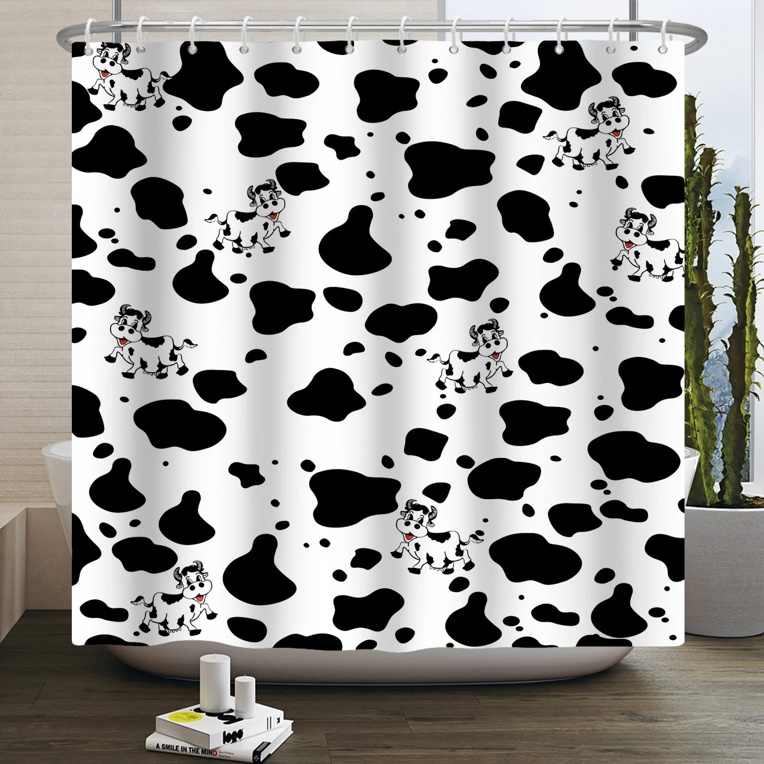 Black White Cartoon Milk Cow Skin Print Shower Curtain Rustic Farm Animal Farmhouse Bathroom Decor Curtain with Hooks