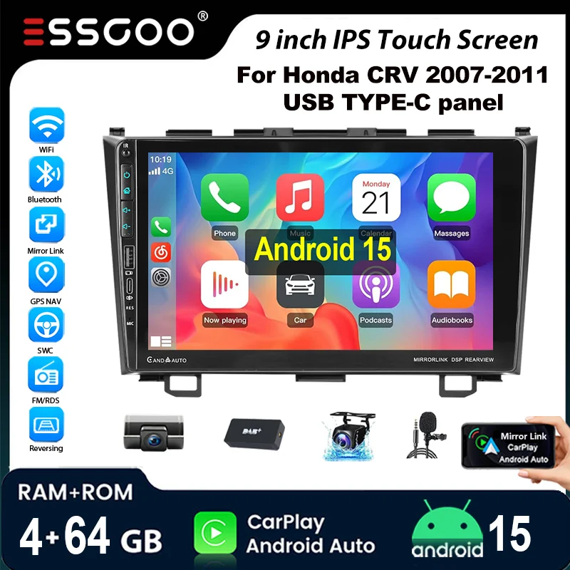 Radio samochodowe ESSGOO Android15 9" do Honda CRV 2007-2011 Podwójny USB i Porty Type-C Bezprzewodowy Apple CarPlay Nawigacja GPS Bluetooth WiFi 4+64 GB RDS FM 2+32 GB Mirror Link Obsługa z Kierownicy Android Auto