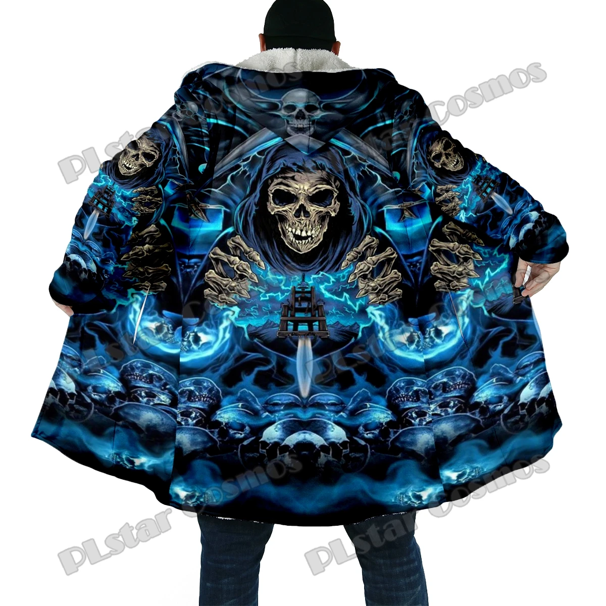 Winter Fashion Men's cloak Funny Skull Pattern 3D All Over Printed Thick Fleece Hooded Cloak Unisex Casual Warm Cape Coat DP48
