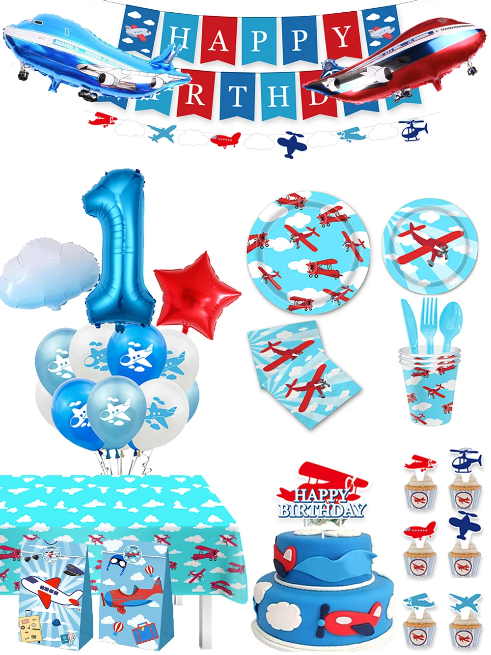 Flugzeug Party Einweg Geschirr Teller Tassen Folie Flugzeug Ballon Set Jungen Mädchen Kinder Flieger Flug Party Spielzeug Dekore Liefert – Detail 1