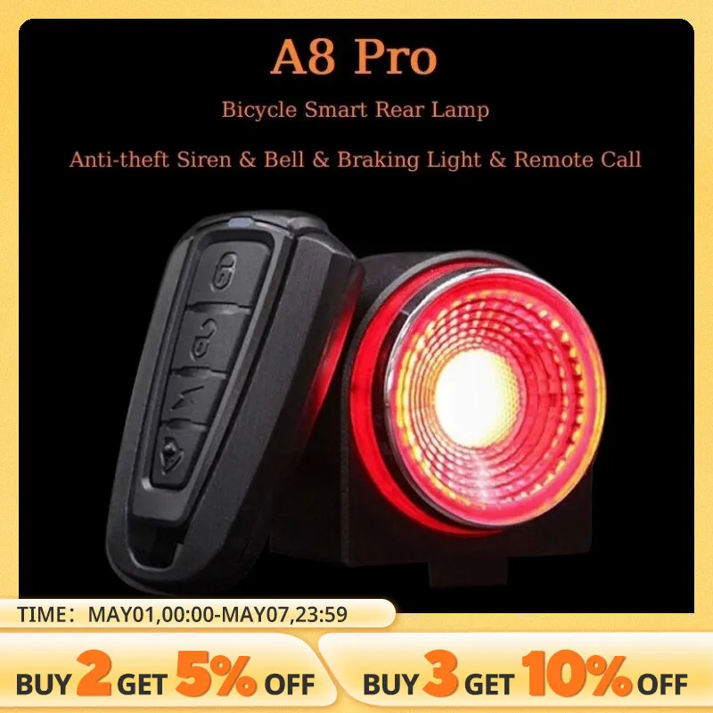 ANTUSI A8 Bike Anti-theft Alarm Lock Auto Brake Cycling Taillight Remote Control Waterproof Bicycle Rear Light Wireless Bell