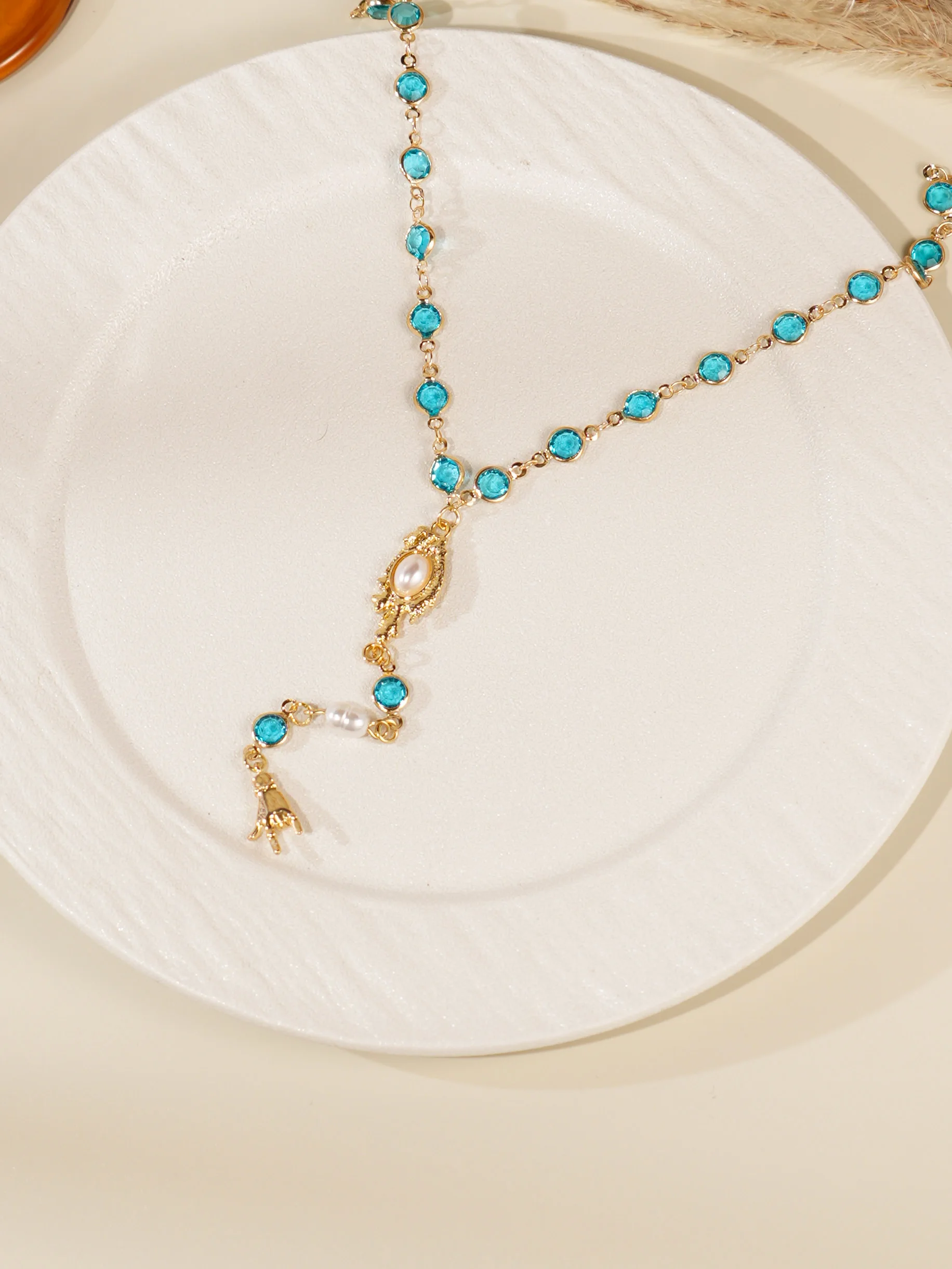 Charm Imitation Pearl Design Blue Glass Chain Y-shaped Necklace Women