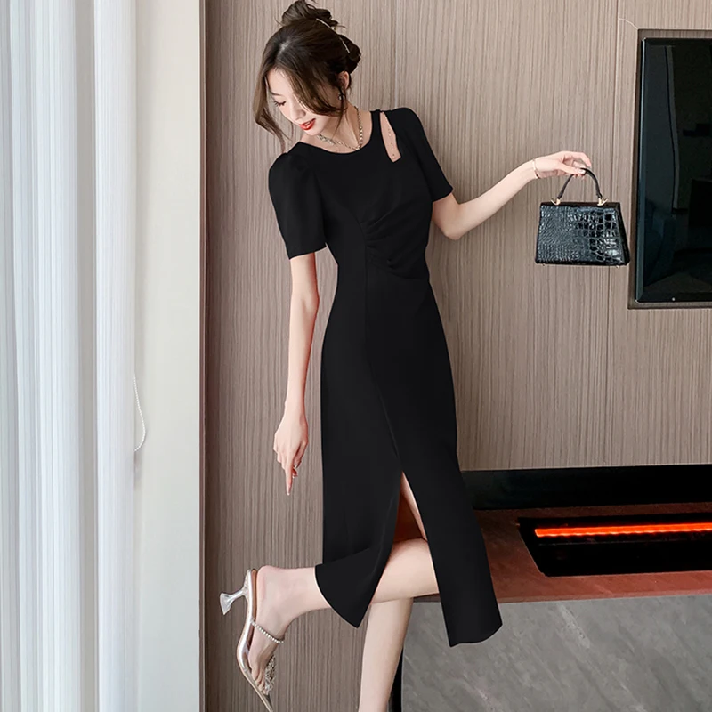 Black Pleated Chic Hollow Out Elegant Women's Dress Summer