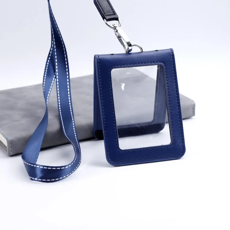 

Clear Chest Holder Card Clip Work Badge Bank With Double-sided Leather Lanyard Wholesale Folding Id