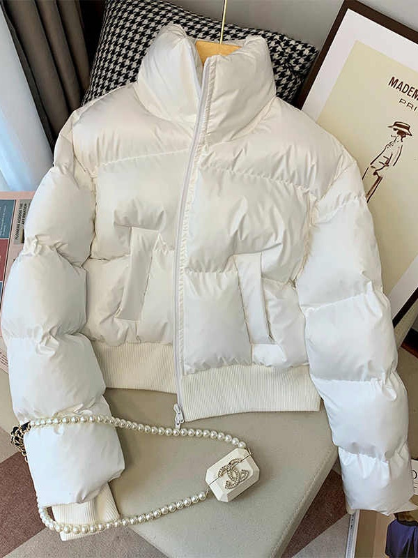 plus Size Women's Stand Collar ort Cotton Jaet Warm Bread Sle Coat Simple Waist-Cinching Autumn Winter New Pure Color