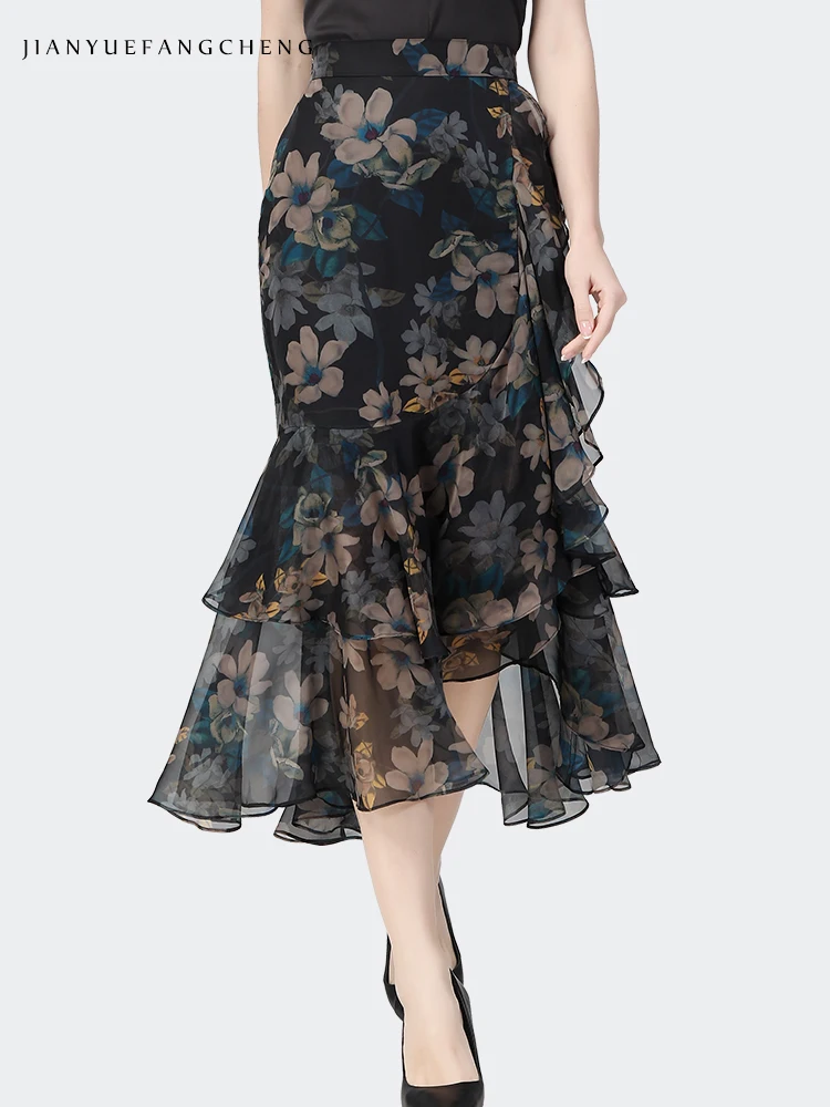 2022 Summer Floral Chiffon Skirt Women High Waist Mid-Length