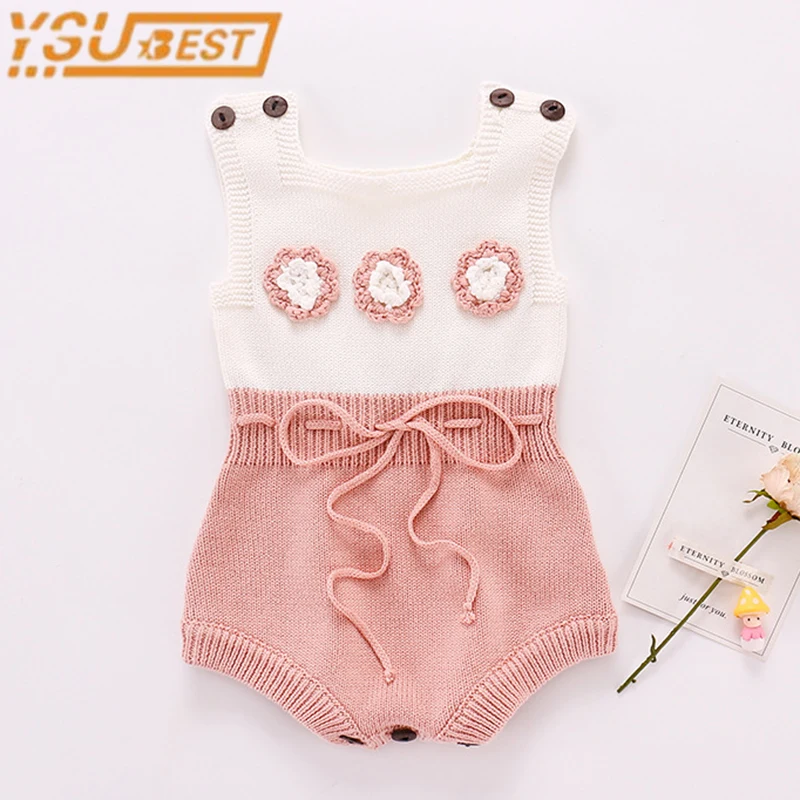 

2022 Newborn Baby Girls Romper Flower Toddler Baby Girls Autumn Sleeveless Romper Baby Girls Patchwork Knitted Rompers Costume