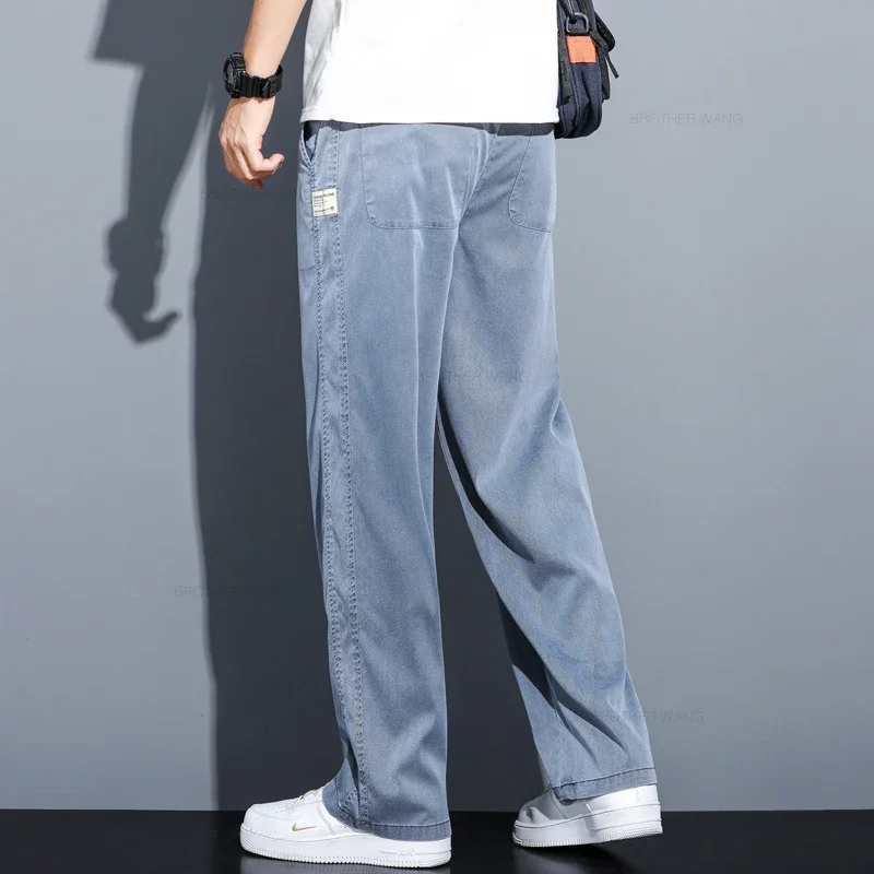 Lyocell Casual Trousers Summer Thin Men's Baggy Jeans Straight Fashion Stretch Denim Pants Comfortable Soft 3