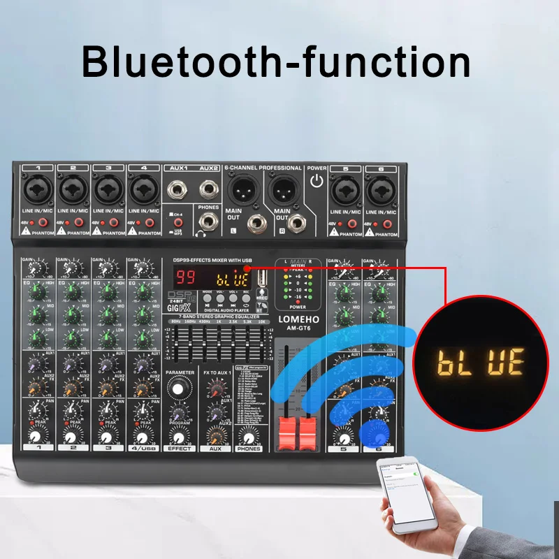 Audio Mixer LOMEHO 6 Channel Mixing Console 99 Effect 7 Band EQ Sound Audio Mixer USB PC Record Bluetooth AUX DJ Controller Table AM-GT6