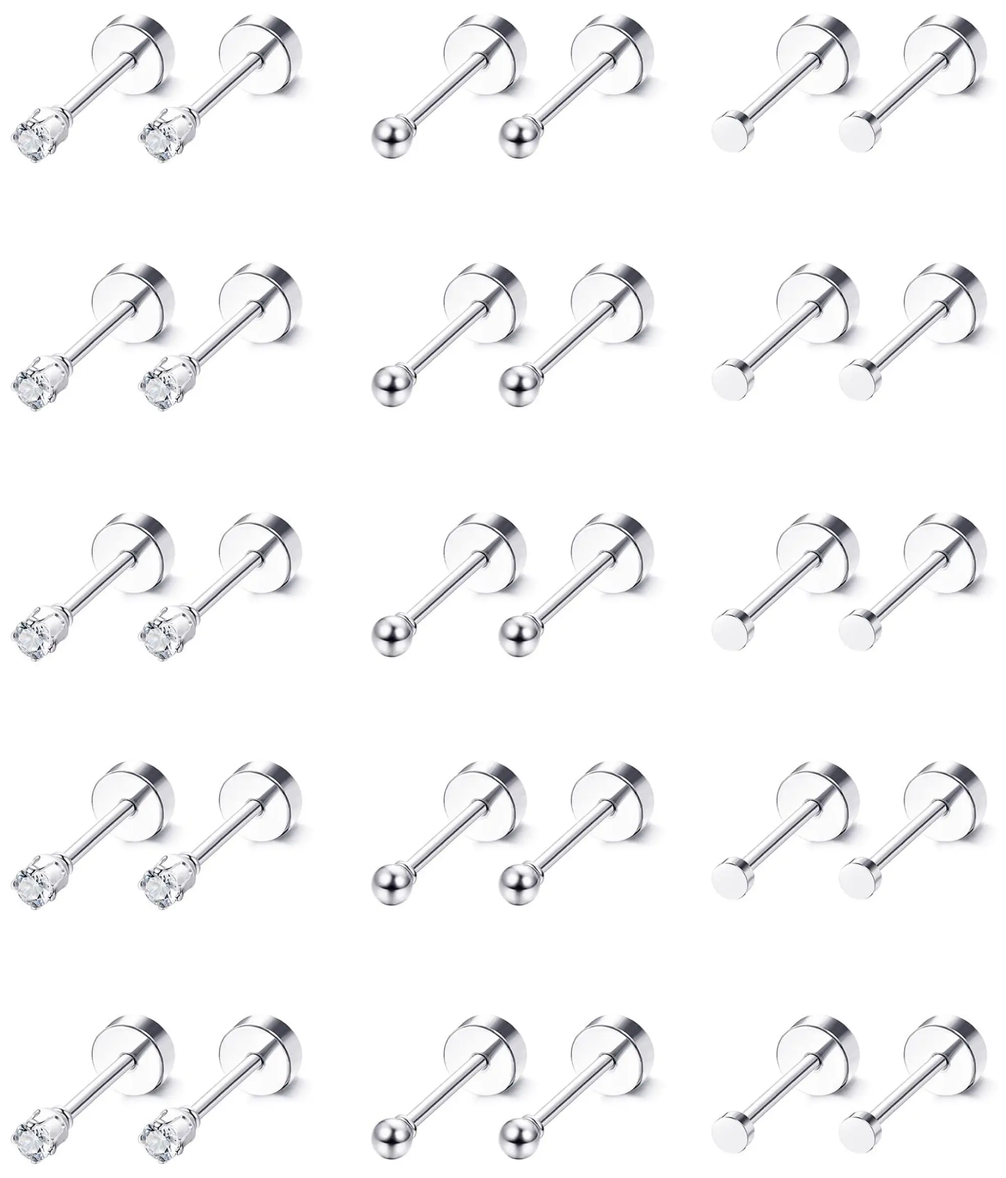 15 Pairs Tiny Surgical Steel Gold Stud Earrings, Comfortable Screw Back Flat Back Earrings with CZ Dot Ball Stones, 2mm, 20G 6