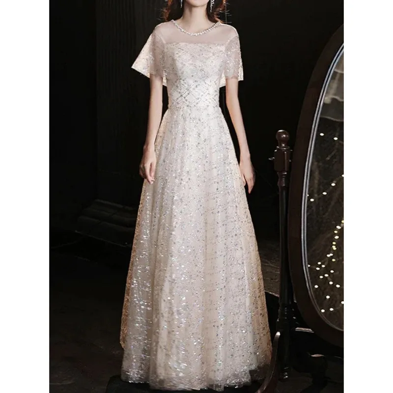 Sparkling Champagne Prom wedding party dress Off The Shoulder A-line Elegant Slim Evening Dresses Bridesmaid  vestido de festa