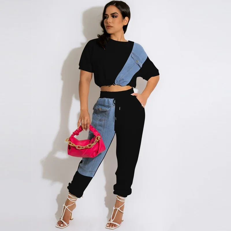 

KEXU Workout Jean Patchwork Women Two Piece Set Outfits Sweatsuit 2023 Summer Tee and Jogger Pants Matching Set Casual Tracksuit