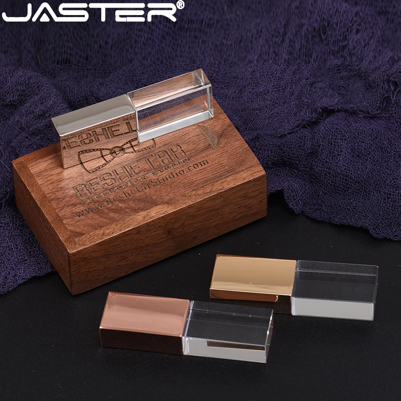 Jaster Cristallo Usb Flash Drive 128Gb Scatola Di Legno Pen Drive 64Gb Libero Logo Personalizzato Memory Stick 32G Creativo Regalo Di Nozze Pendrive