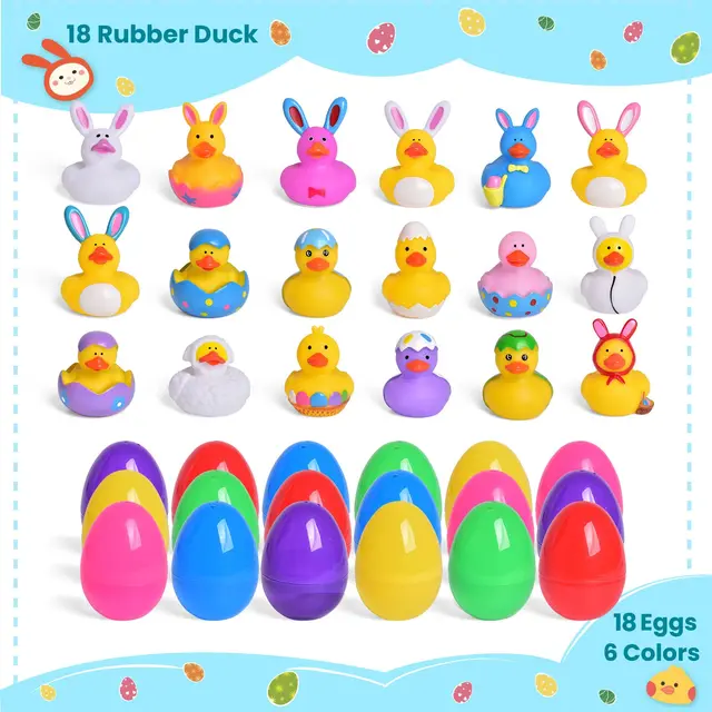 18 Set Easter Eggs with Rubber Duck Toys for Kids, Bright Colorful Easter Eggs Filled with Assorted Bunny Rabbit Duckies 2