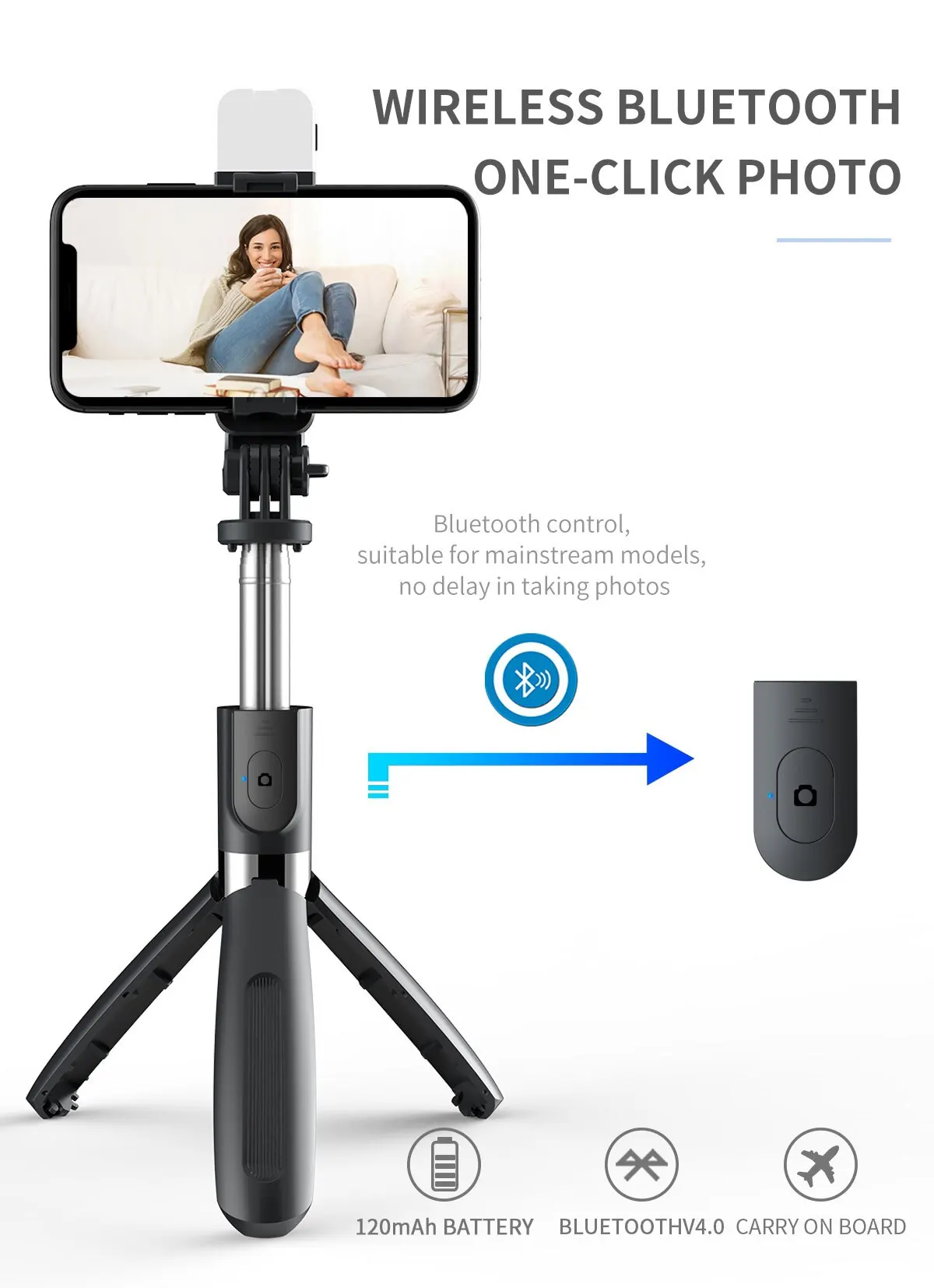 INRAM-L02s Wireless Bluetooth Handheld Gimbal Stabilizer Mobile Phone Selfie Stick Tripod with Fill Light Shutter for iPhone 14