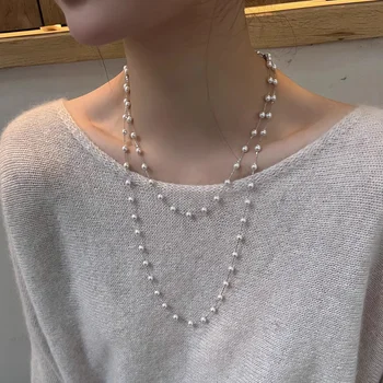 Vintage Handmade Double Layer White Imitation Pearl Necklace For Women Bead Long Sweater Chain Necklace Wedding Jewelry Gift