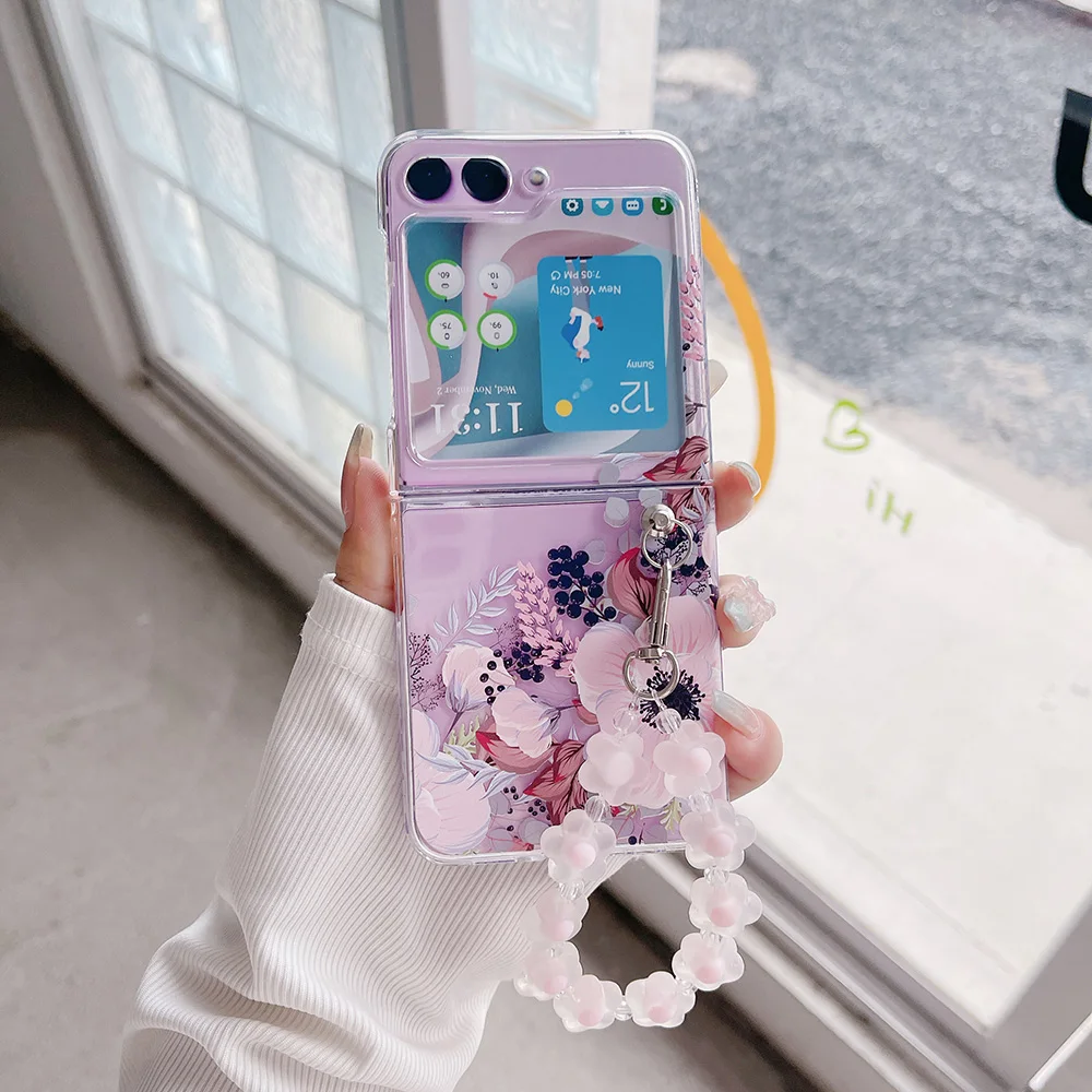 Per Samsung Z Flip 5 4 3 Custodia Zflip5 Bracciale Con Fiori Disegnati A Mano Custodia Rigida In Plastica Protettiva Antiurto Pieghevole Trasparente