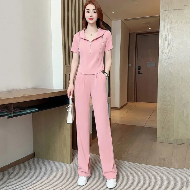 أزياء رياضية المرأة مجموعة الصيف الجديدة عارضة النسخة الكورية فضفاضة مقنعين أعلى + السراويل واسعة الساق قطعتين مجموعة العصرية