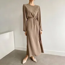 

Autumn Long Sleeve Belted Sundress VONDA Women Pleated O Neck Dress Spring Loose Solid Color Party Robes Retro Vintage Vestidos