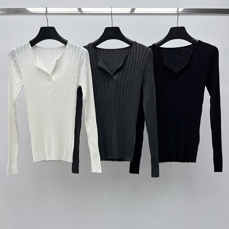 

Women Wool Blend Pit Stripe Knitting Pullovers 3 Colors 2024 V-Neck Slim High Quality Sweaters Runway New Long Sleeve Solid Tops