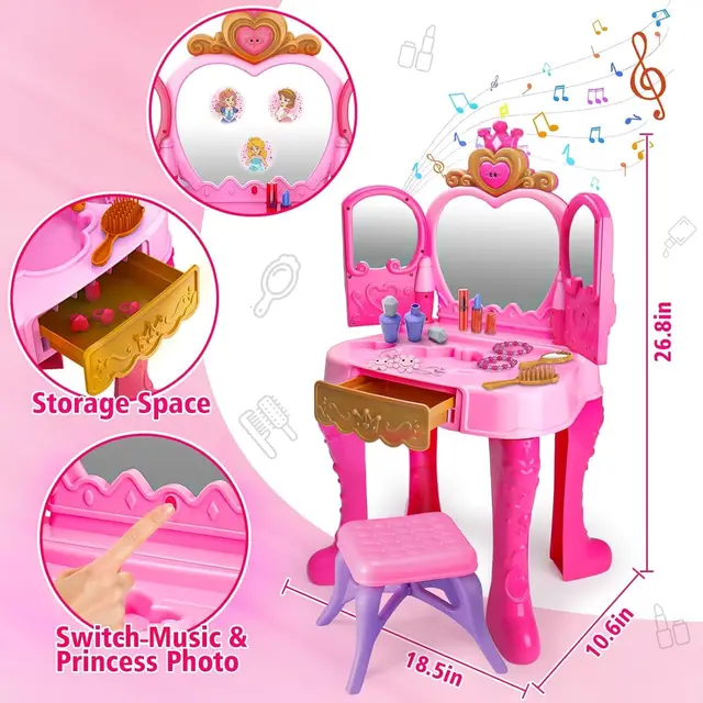 Magic Makeup Vanity Table & Chair Set for Girls with Light & Music, Pretend Play Toy