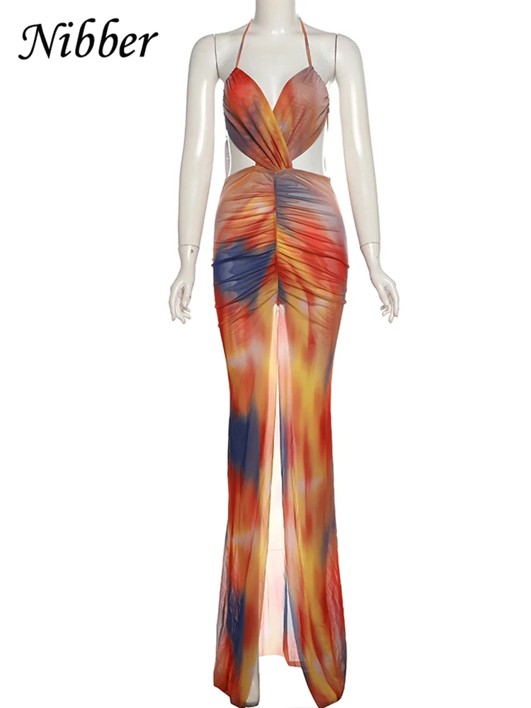 Nibber See Through Irregular Ruched Dress Women Sexy Mesh Colorful Gradient Trend Cross Backless Split Hollow Stretch Bodycon