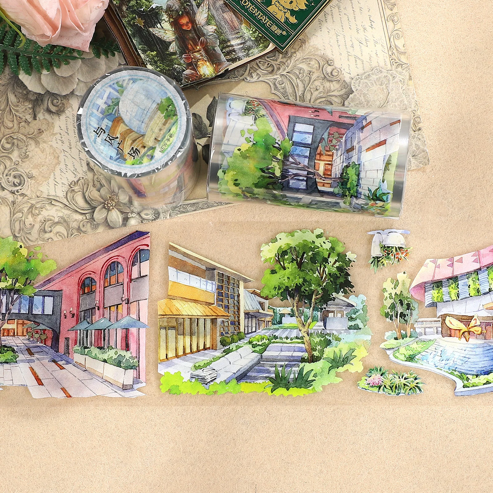 70mm*5.2m 빈티지 식물 사각형 하우스 풍경 PET 테이프 크리에이티브 DI..