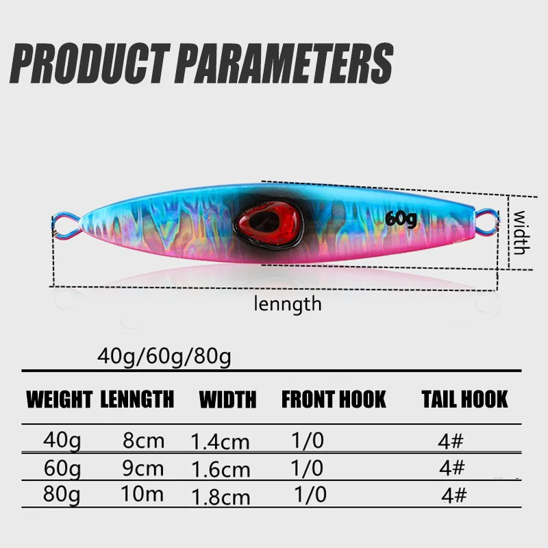 Metal Jig Lures 40g 60g 80g Slow Pitch Jigging Biomimetic Fish Iron Plate Bait Boat fishing Sea fishing Mackerel Tuna