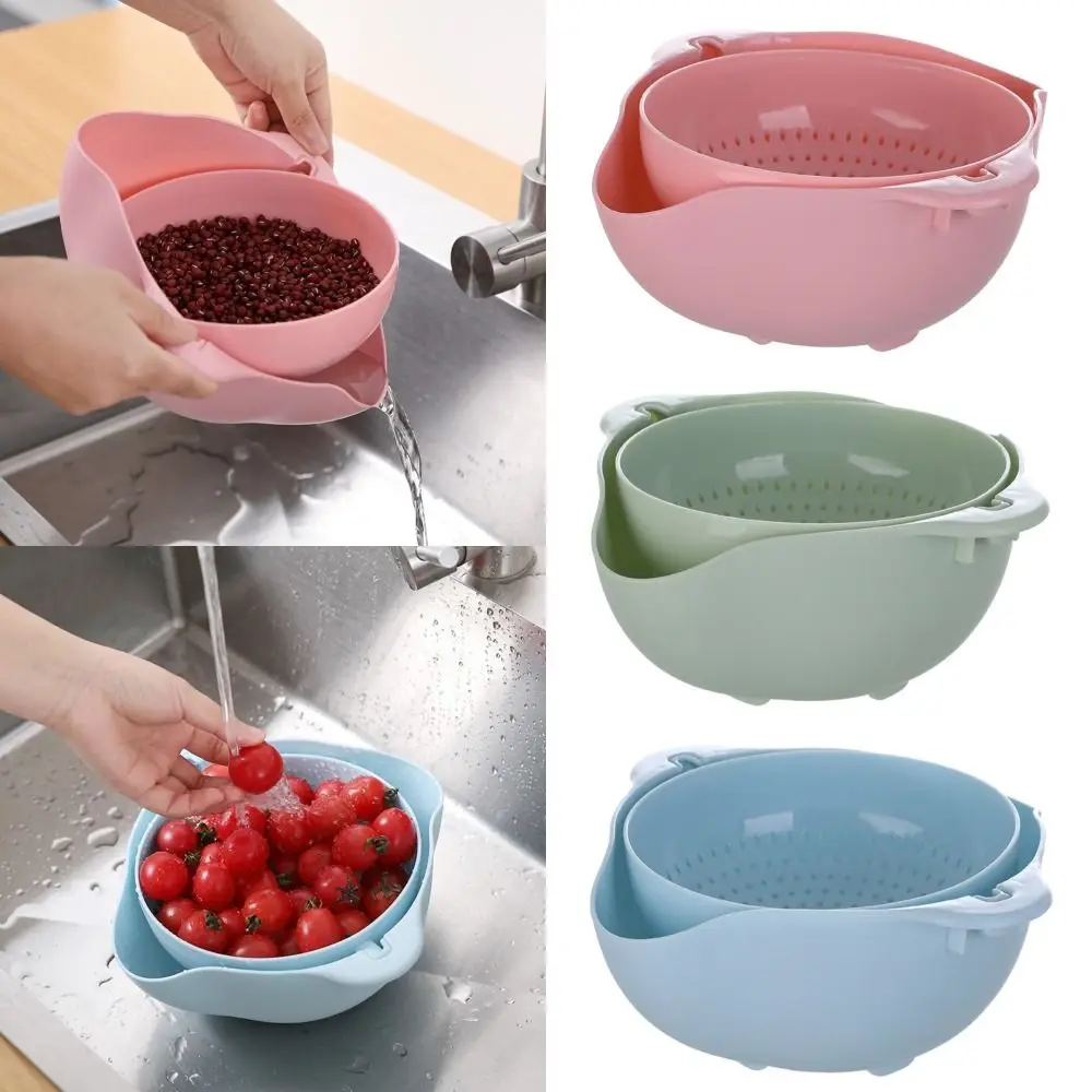 Double Layer Vegetable Drain Basket Kitchen Gadgets Green Blue Pink Rice Washing Bowl with Handle Sink Rotatable Drainer