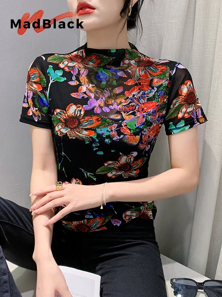 

Женская футболка с ложным воротником MadBlack, сеточный облегающий топ с коротким рукавом, эластичная футболка в европейском стиле, лето 2024, T43438JC