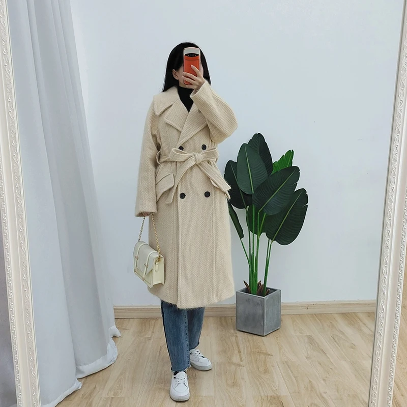 

Winter New Suit Collar Double-Breasted Jacket Women Overcoat Fashion Loose Thicken Long Woolen Casual Windbreaker Female Outwear