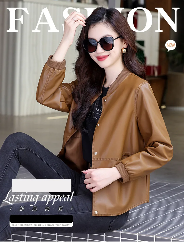 New Women Casual Leather Jacket Spring Autumn Fashion Patchwork V-Neck Single Breasted Loose Short Outerwear Split Leather