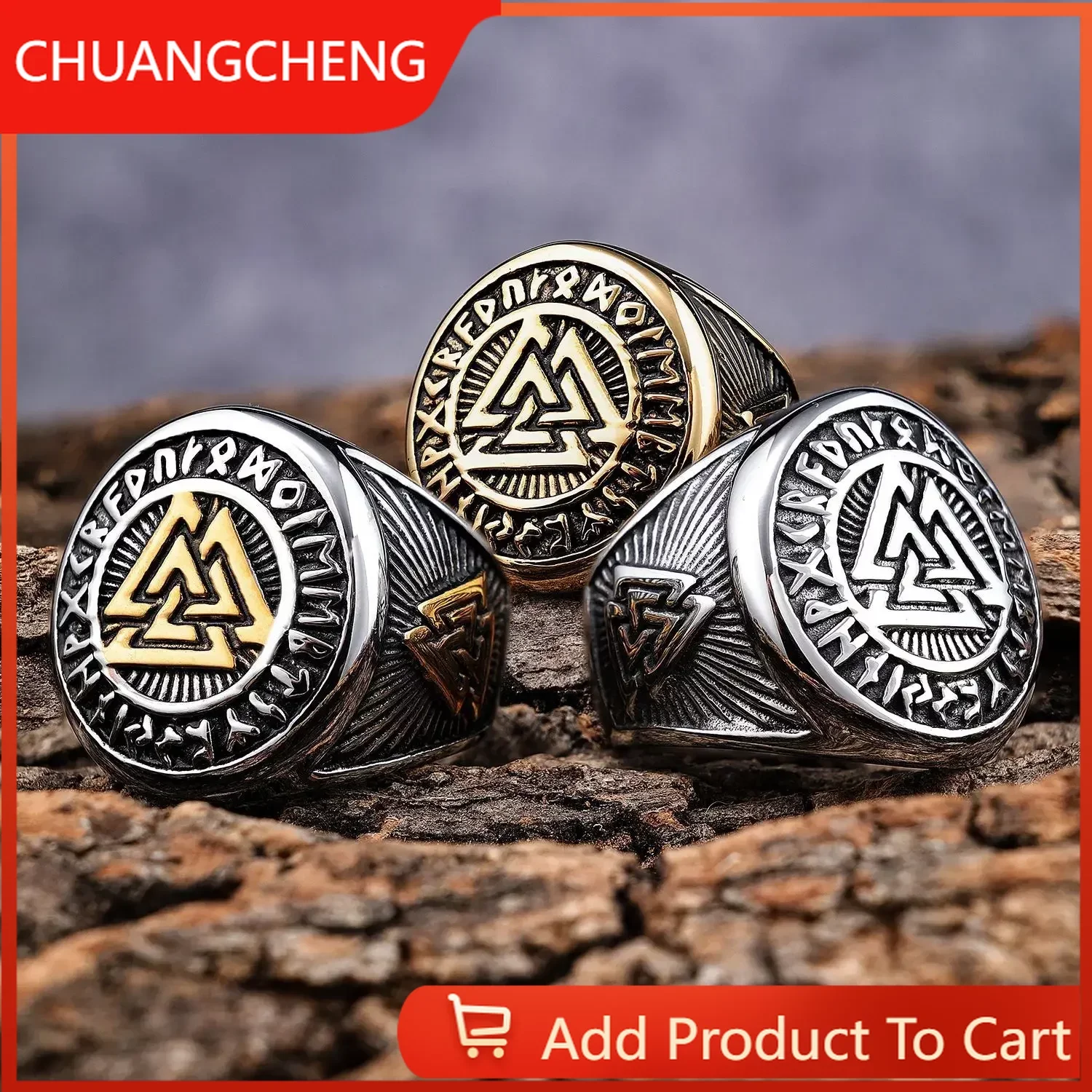 

CHUANGCHENG Nordic Viking Rune Sign Stainless Steel Jewelry Personalized Men's Rings Size 7-13