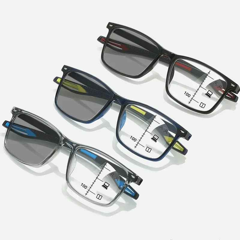Progressive Photochromic Multifocal Reading Glasses 3 in 1 Outdoor Bifocal Sunglasses TR90 Sports Anti Blue Near Far Eyeglasses 3
