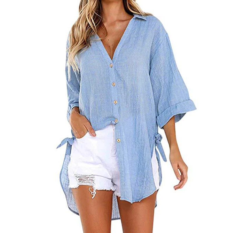 

2024 Women's New Lace Up V-neck Loose Fitting Shirt