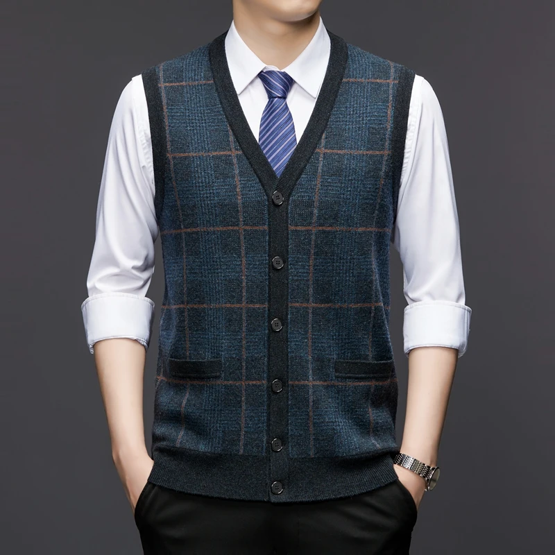 

Autumn and Winter New Luxury 100% Mernu Woolen Vest Men's Plaid Vest Wool Waistcoat Casual Knitted V-neck Cardigan Sweater Vest