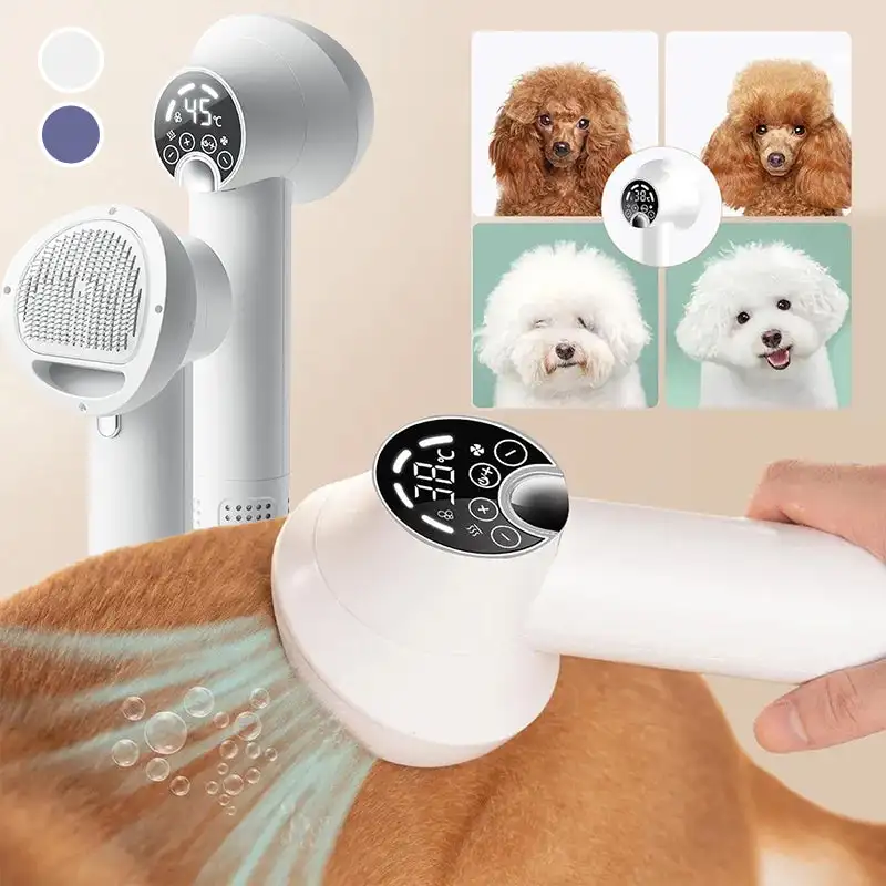 Pet Hair Dryer Smart Dog Hair Dryer 2 in 1 Pet Cat Hair Blowing Combing Negative Oxygen Ion Low Noise LED Touch Control Temperature Display