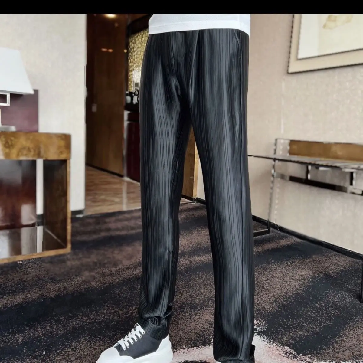 2024 New Summer Men Chinese Style Striped Fashion Multicolor Satin Texture Cool Sensation Breathable Loose Wide Legs Pants